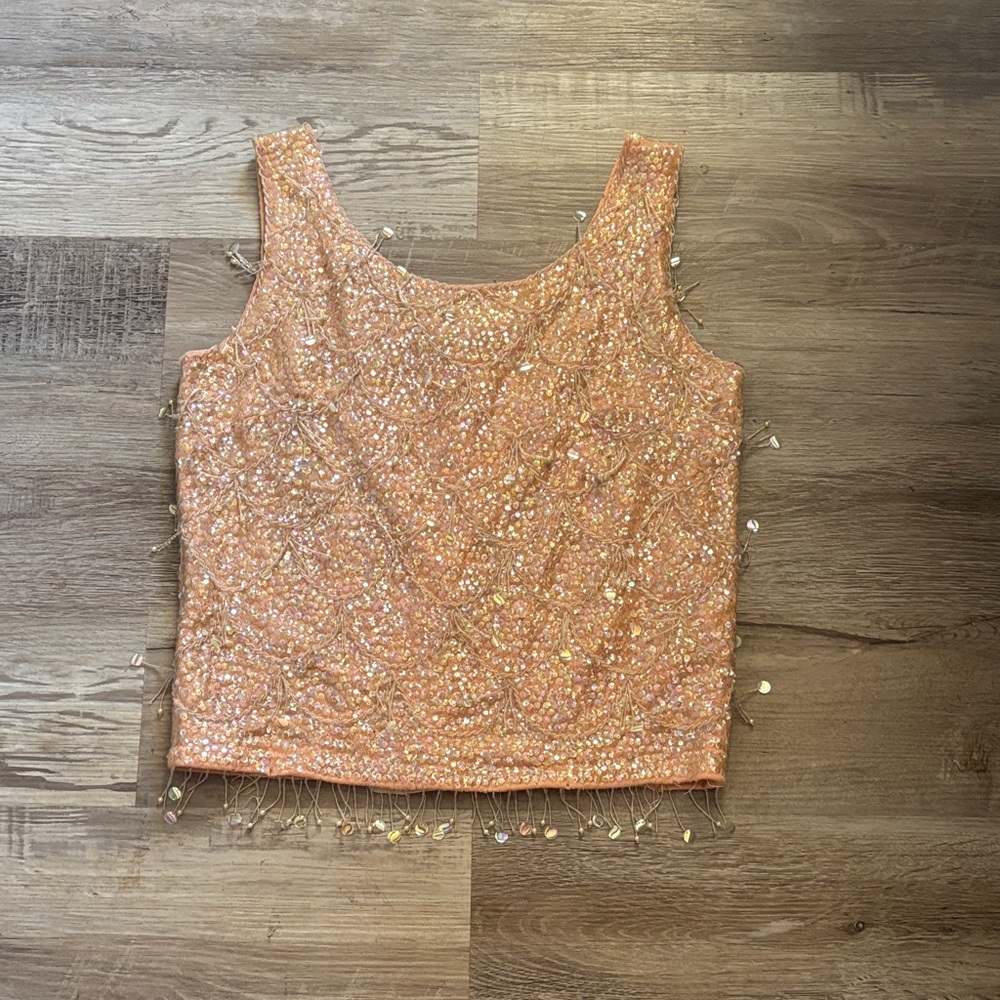 Vintage 1960s Imperial 100% Wool Sparkling Peach Sequin Crop Top